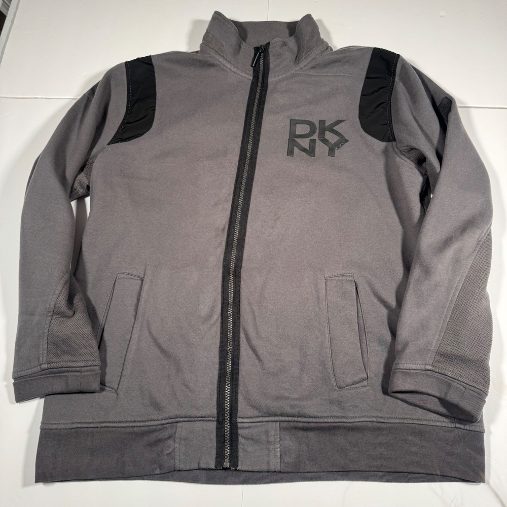 DKNY Jeans Mens Full Zip Track Jacket Gray Black Contrast Logo XL